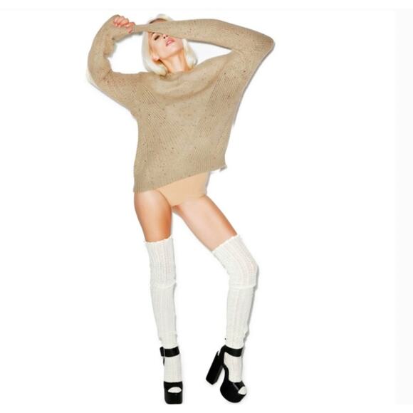 Wildfox Weekday Fuzzy Chunky Knit Design Oatmeal Tan Boxy Sweater Jumper S - Picture 1 of 10